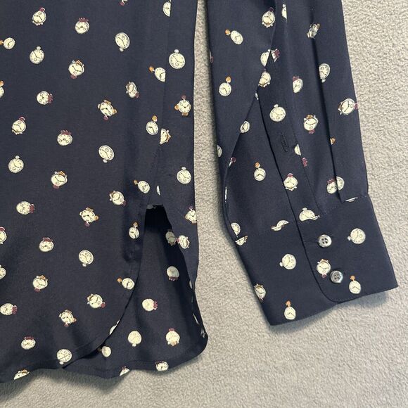 J. Crew 100% Silk Blouse Tunic Tick Tock Alarm Clock Print Size 14T Navy Blue - Picture 10 of 10